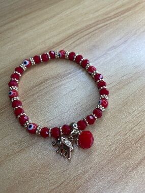 Red Beaded Charm Bracelet with Elephant and Dangle